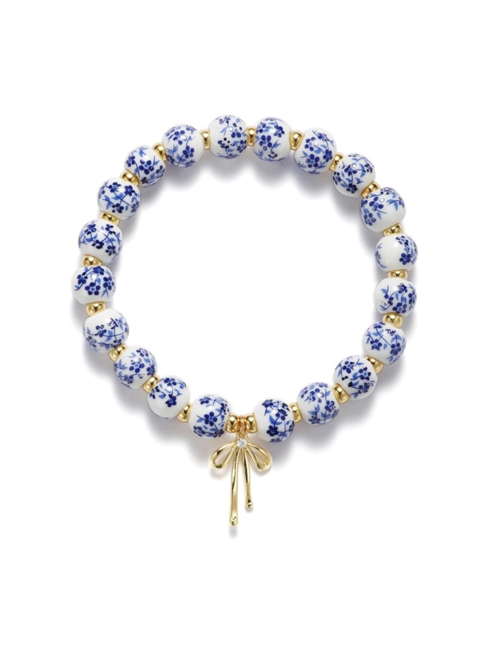 Blue and White Floral Beaded Bracelet with Gold Bow Charm